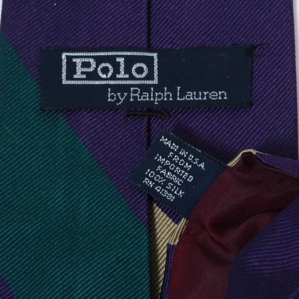 Polo Ralph Lauren Tie Vintage Colorblock Purple Gold Green Silk USA Handmade